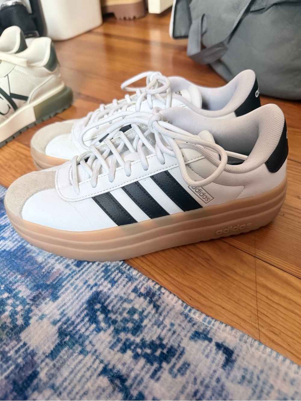 adidas White Sneakers with Black Stripes and Gum Sole - Picture 4 of 5